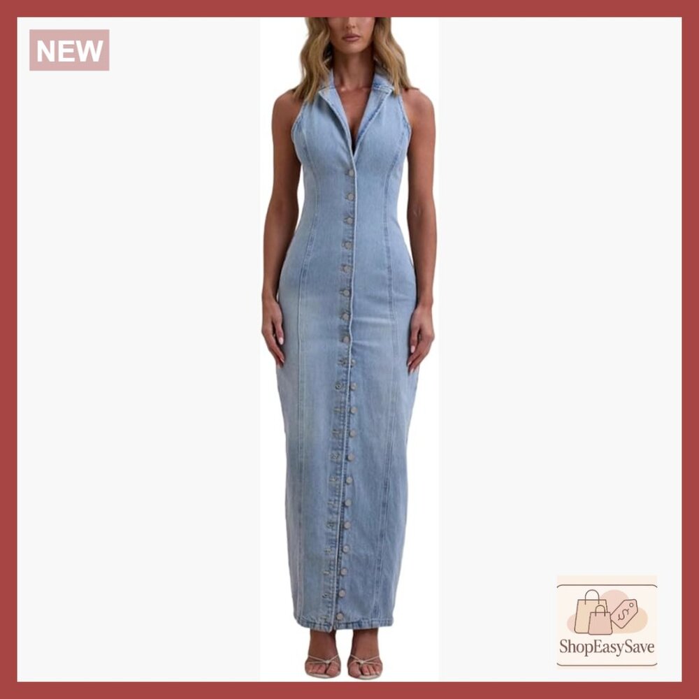 Denim Maxi Dress Bodycon V-Neck Sleeveless Button Down Casual Retro Chic